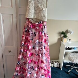 Sequin Hearts White and Pink Floral 2-Piece Prom Dress
